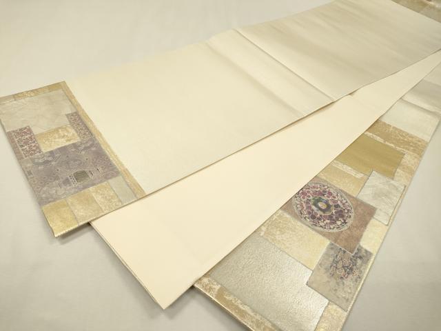 平和屋着物▼太鼓柄袋帯 螺鈿箔 色紙花絵皿文 金銀彩 正絹 逸品 未使用 DABI7220fe