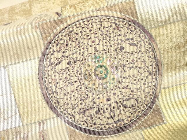 平和屋着物▼太鼓柄袋帯 螺鈿箔 色紙花絵皿文 金銀彩 正絹 逸品 未使用 DABI7220fe