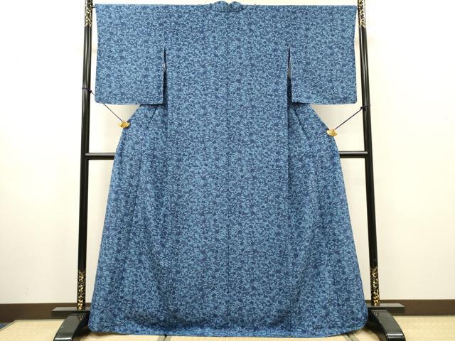 平和屋着物▽上質な小紋 単衣 藍 型染 流水花文 正絹 逸品 未使用 DABI7266fe