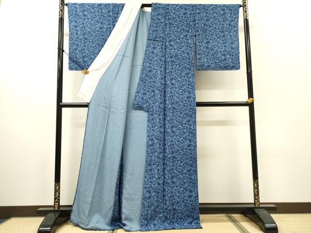 平和屋着物▽上質な小紋 単衣 藍 型染 流水花文 正絹 逸品 未使用 DABI7266fe