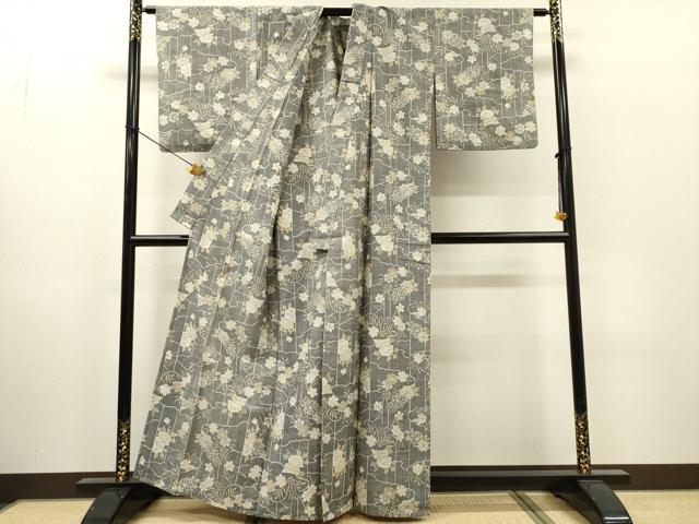 平和屋着物▽上質な紬 単衣 雲取り花文 正絹 逸品 DABI7271fe