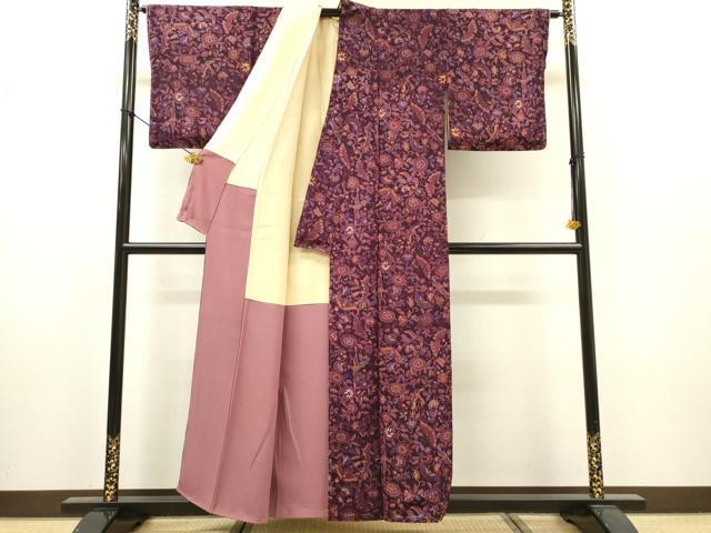 平和屋着物▼上質な小紋 舞蝶花鳥文 鬼しぼ縮緬 正絹 逸品 DABI7359fe