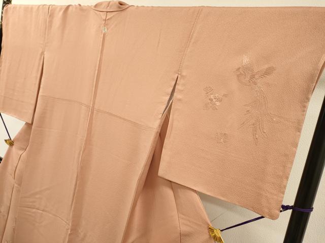 平和屋着物●中国三大刺繍 スワトウ刺繍 汕頭刺繍 相良刺繍 総刺繍 無地絵羽訪問着 飛鳥花文 珊瑚色 ロング丈 正絹 逸品 未使用 DABI7382fe