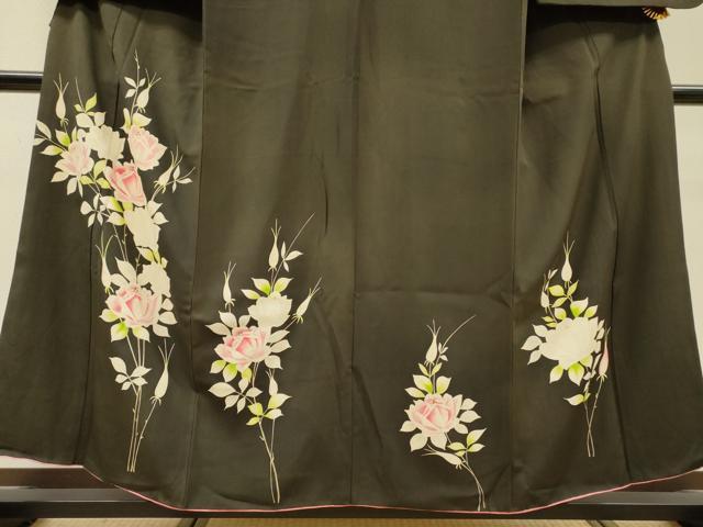 平和屋着物▼訪問着 手描き 草花 黒地 金彩 正絹 逸品 DABI7386fe