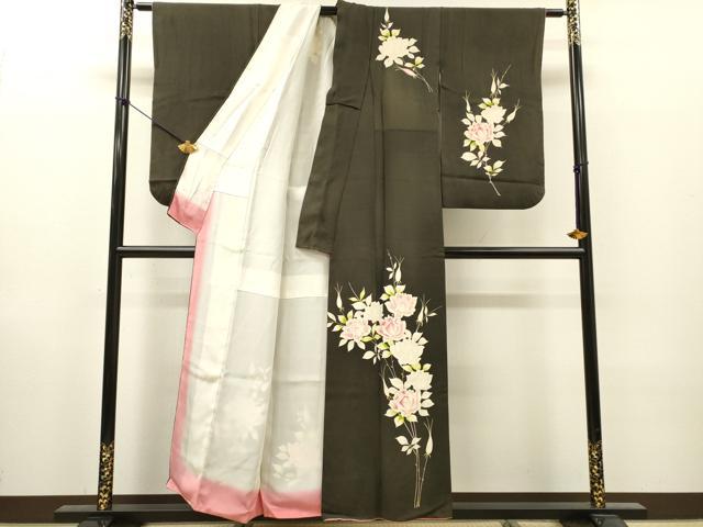 平和屋着物▼訪問着 手描き 草花 黒地 金彩 正絹 逸品 DABI7386fe