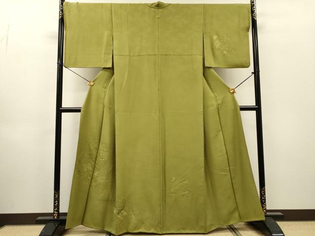平和屋着物▼中国三大刺繍 スワトウ刺繍 汕頭刺繍 総刺繍 無地絵羽訪問着 色紙花文 根岸色 正絹 逸品 DABI7405fe