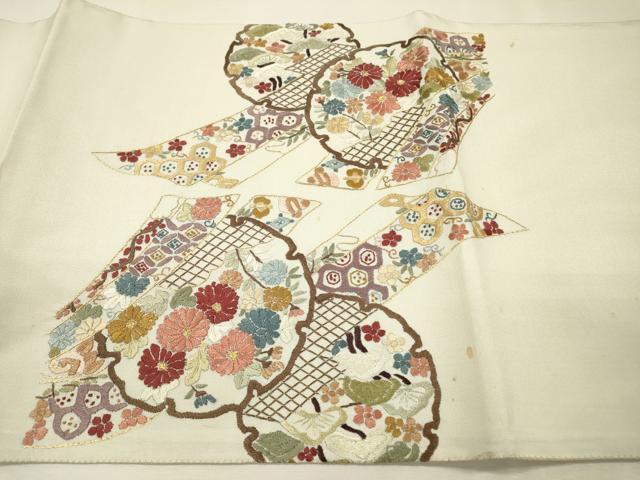 平和屋着物▼中国三大刺繍 相良刺繍 総刺繍 太鼓柄袋帯 雪輪短冊花文 金糸 正絹 逸品 DABI7415fe