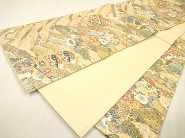 平和屋着物▼六通柄袋帯 本紹巴 歌絵物語 松彩鏡裏御殿文 金糸 正絹 逸品 DABI7419fe