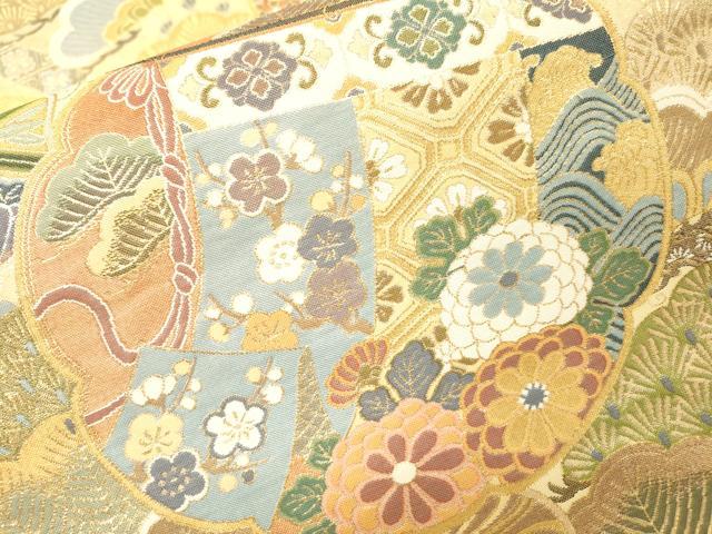 平和屋着物▼六通柄袋帯 本紹巴 歌絵物語 松彩鏡裏御殿文 金糸 正絹 逸品 DABI7419fe