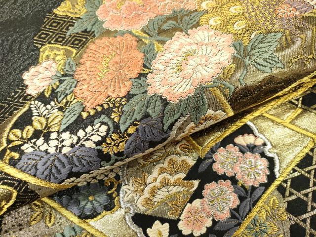 平和屋着物▼六通柄袋帯 冊子孔雀花文 黒地 金銀糸 正絹 逸品 DABI7463fe