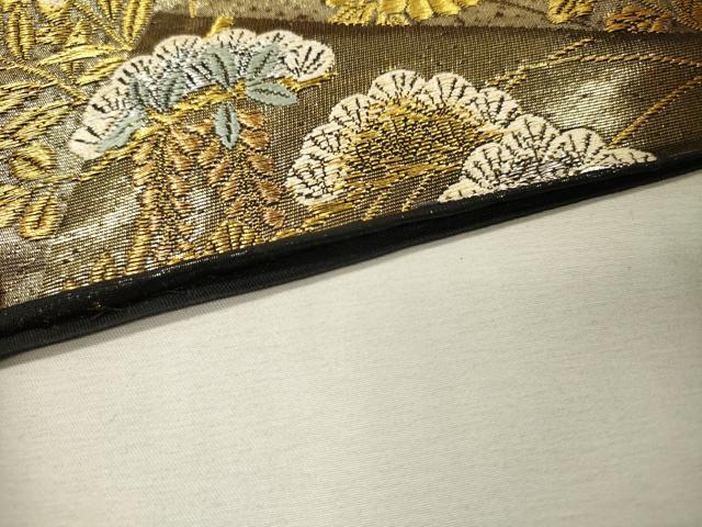 平和屋着物▼六通柄袋帯 冊子孔雀花文 黒地 金銀糸 正絹 逸品 DABI7463fe