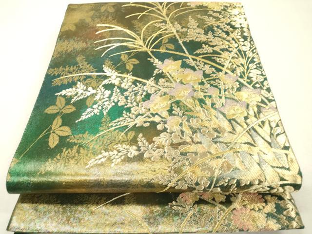 平和屋着物▼西陣 京の名門 じゅらく謹製 六通柄袋帯 秋草 金糸 引箔 正絹 逸品 DABI7471fe