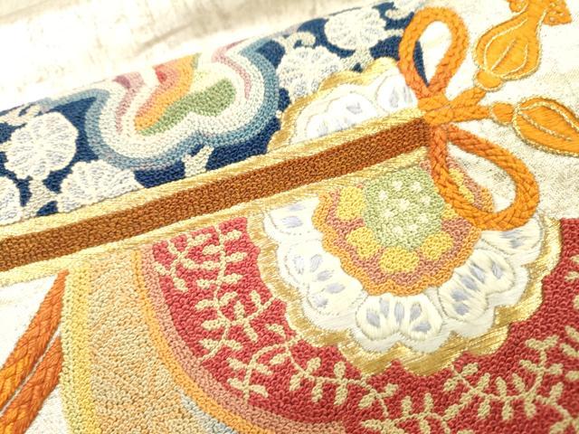 平和屋着物▼中国三大刺繍 相良刺繍 総刺繍 太鼓柄袋帯 花鳥文 金銀糸 正絹 逸品 DABI7496fe