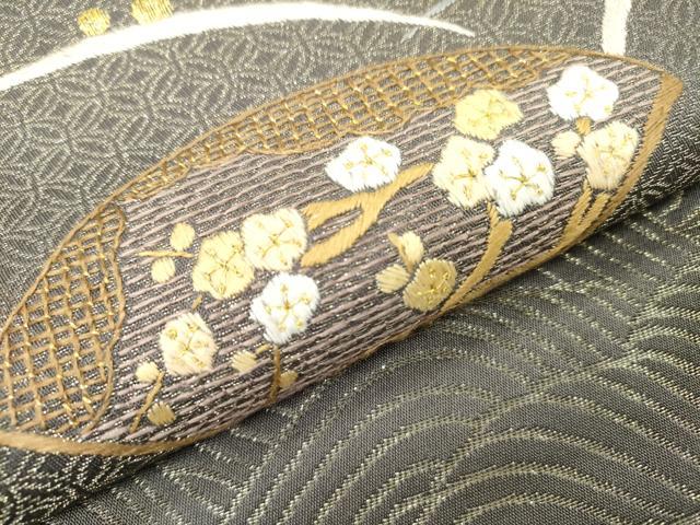 平和屋着物▼九寸名古屋帯 総刺繍 扇面花文 金糸 正絹 逸品 DABI7497fe