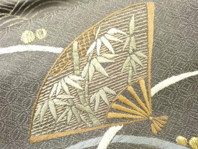 平和屋着物▼九寸名古屋帯 総刺繍 扇面花文 金糸 正絹 逸品 DABI7497fe