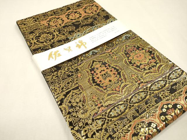 平和屋着物▼佐賀錦 六通柄袋帯 横段洋花唐草文 金糸 正絹 逸品 未使用 DABI7564fe