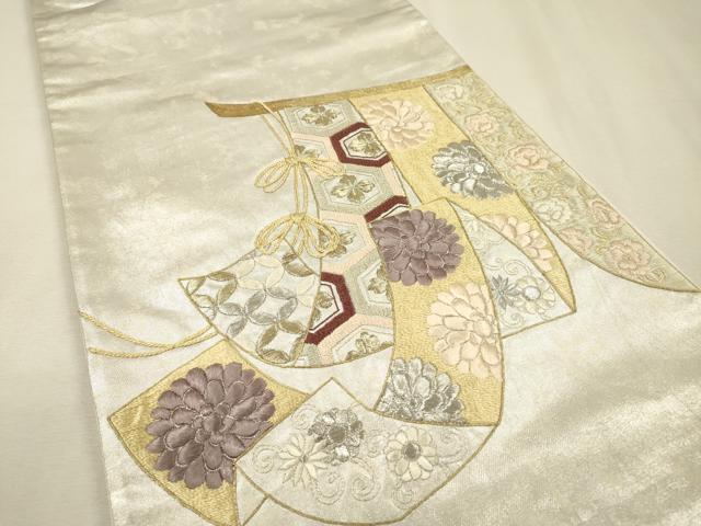 平和屋着物▼太鼓柄袋帯 総刺繍 几帳吉祥花文 金銀糸 正絹 逸品 DABI7585fe