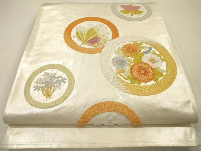 平和屋着物▼中国三大刺繍 相良刺繍 総刺繍 太鼓柄袋帯 舞蝶花丸文 銀糸 正絹 逸品 DABI7601fe