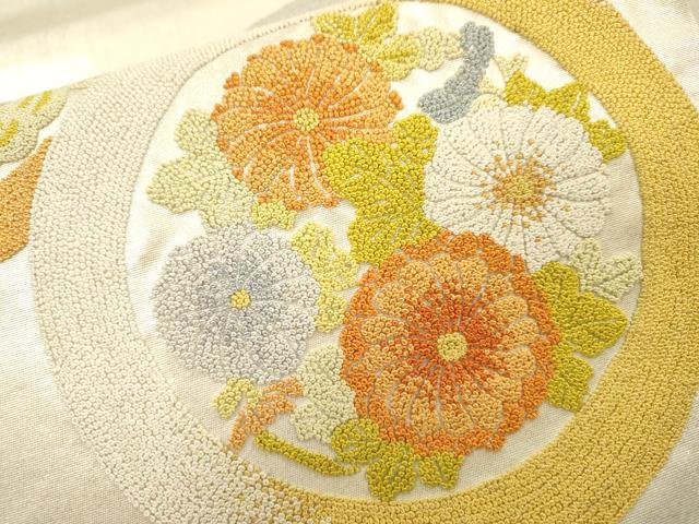 平和屋着物▼中国三大刺繍 相良刺繍 総刺繍 太鼓柄袋帯 舞蝶花丸文 銀糸 正絹 逸品 DABI7601fe