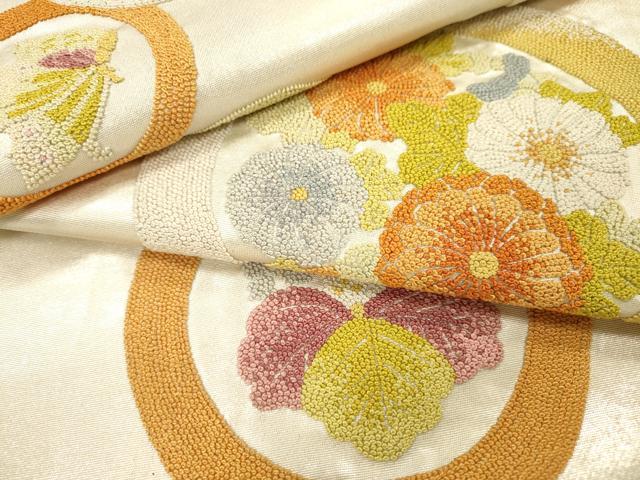 平和屋着物▼中国三大刺繍 相良刺繍 総刺繍 太鼓柄袋帯 舞蝶花丸文 銀糸 正絹 逸品 DABI7601fe