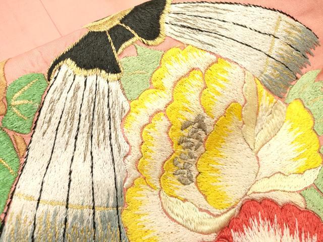 平和屋着物▼アンティーク 大正ロマン 九寸名古屋帯 総手刺繍 枝花 金銀糸 正絹 逸品 DABI7607fe