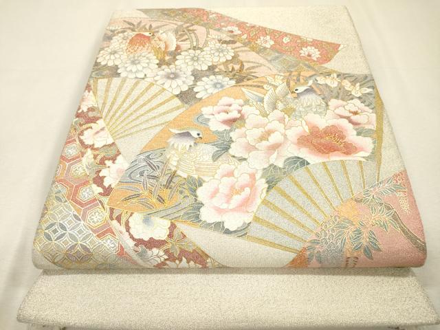 平和屋着物▼綴れ 太鼓柄袋帯 扇面花鳥文 金銀彩 正絹 逸品 DABI7616fe