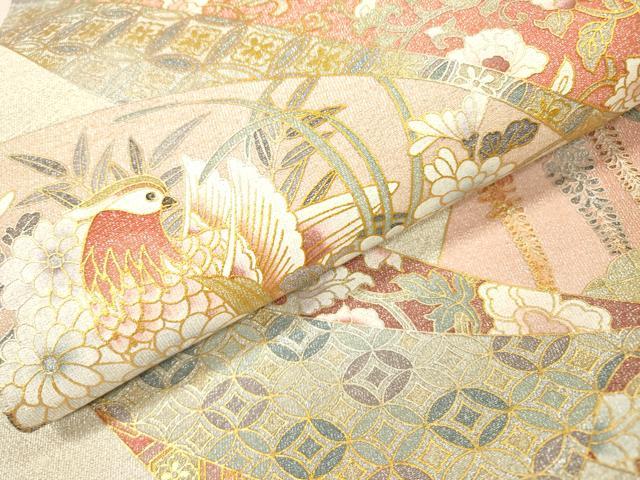 平和屋着物▼綴れ 太鼓柄袋帯 扇面花鳥文 金銀彩 正絹 逸品 DABI7616fe