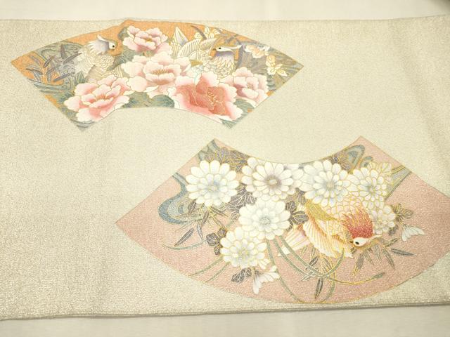 平和屋着物▼綴れ 太鼓柄袋帯 扇面花鳥文 金銀彩 正絹 逸品 DABI7616fe