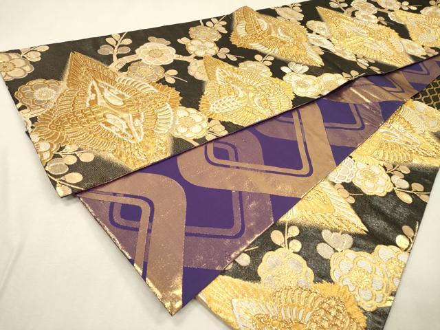 平和屋着物▼両面 六通柄袋帯 唐織 双鶴菱枝梅文 金糸 正絹 逸品 DABI7619fe