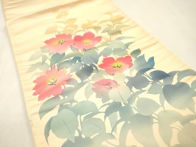 平和屋着物▼京都西陣 手織り一筋 おび弘謹製 太鼓柄袋帯 作家物 ろうけつ染 草花 証紙付き 正絹 逸品 DABI7634fe