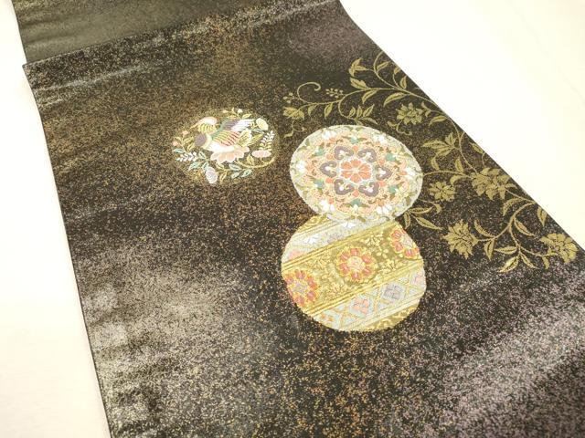 平和屋着物▼九寸開き名古屋帯 唐織 正倉院花鳥丸文 金糸 引箔 正絹 逸品 DABI7644fe