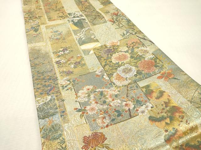 平和屋本店▼極上 西陣あさぎ 両面 全通全景柄袋帯 近代花鳥画 純金箔 プラチナ 分析通知書付き 正絹 逸品 DABI7704fe
