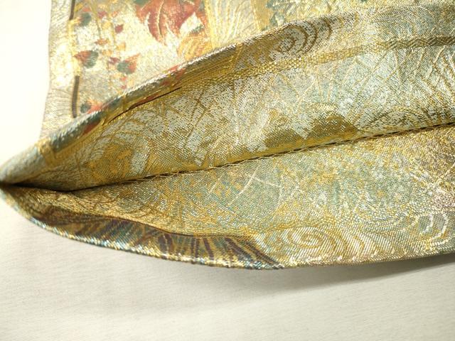 平和屋本店▼極上 西陣あさぎ 両面 全通全景柄袋帯 近代花鳥画 純金箔 プラチナ 分析通知書付き 正絹 逸品 DABI7704fe