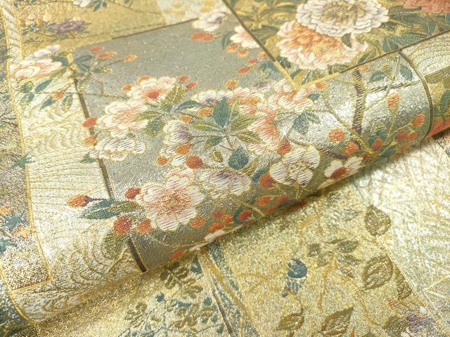 平和屋本店▼極上 西陣あさぎ 両面 全通全景柄袋帯 近代花鳥画 純金箔 プラチナ 分析通知書付き 正絹 逸品 DABI7704fe