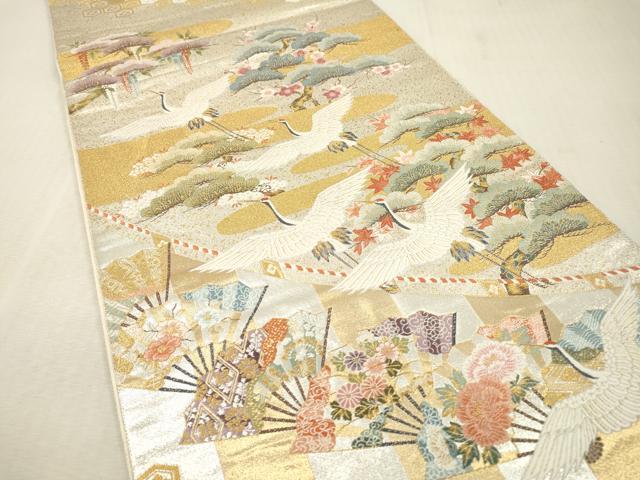 平和屋本店▼六通柄袋帯 唐織 瑞鶴佳扇 本金箔 正絹 逸品 DABI7710fe
