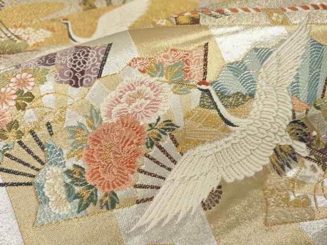 平和屋本店▼六通柄袋帯 唐織 瑞鶴佳扇 本金箔 正絹 逸品 DABI7710fe