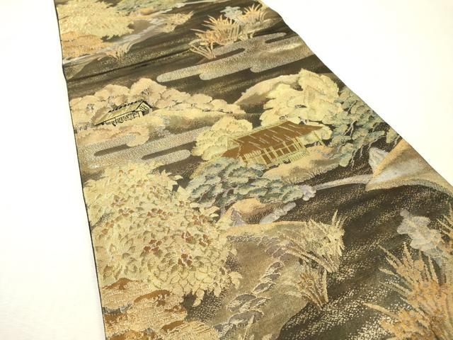 平和屋本店▼六通柄袋帯 風景文 黒地 純金箔 正絹 逸品 DABI7728fe