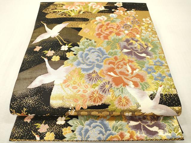 平和屋本店▼六通柄袋帯 飛鶴花文 黒地 本金箔二重 正絹 逸品 DABI7734fe