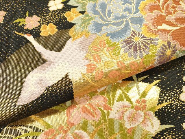 平和屋本店▼六通柄袋帯 飛鶴花文 黒地 本金箔二重 正絹 逸品 DABI7734fe
