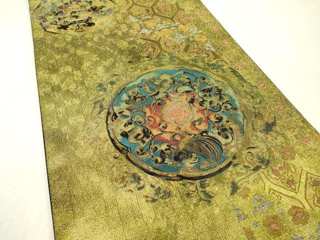 平和屋着物▼六通柄袋帯 花鳥花絵皿紋 本漆金 正絹 逸品 DABI7753fe