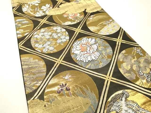 平和屋本店▼西陣 全通全景柄袋帯 傘松閣天井絵 黒地 本金箔二重箔織 正絹 逸品 DABI7754fe