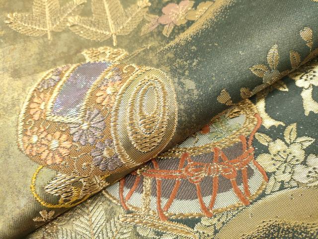 平和屋本店▼袋帯 鼓花文 螺鈿本金真珠箔 正絹 逸品 DABI7784fe