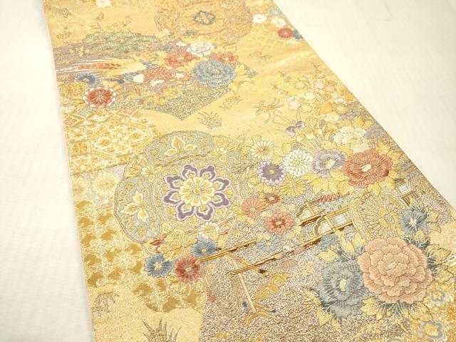 平和屋本店▼六通柄袋帯 唐織 扇面花車文 九百本金弐重織 正絹 逸品 DABI7793fe