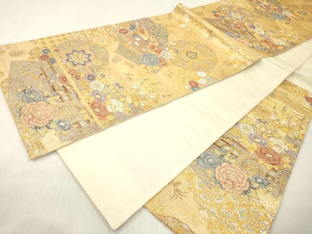 平和屋本店▼六通柄袋帯 唐織 扇面花車文 九百本金弐重織 正絹 逸品 DABI7793fe