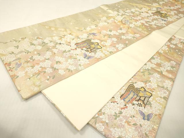 平和屋本店▼六通柄袋帯 枝垂れ花御所車舞蝶文 本金プラチナ箔 正絹 逸品 DABI7797fe