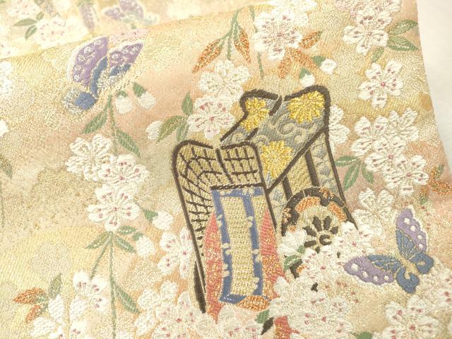 平和屋本店▼六通柄袋帯 枝垂れ花御所車舞蝶文 本金プラチナ箔 正絹 逸品 DABI7797fe