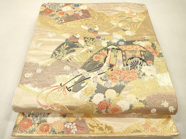 平和屋本店▼六通柄袋帯 唐織 九百錦 裂取扇面文 本金箔 正絹 逸品 DABI7826fe
