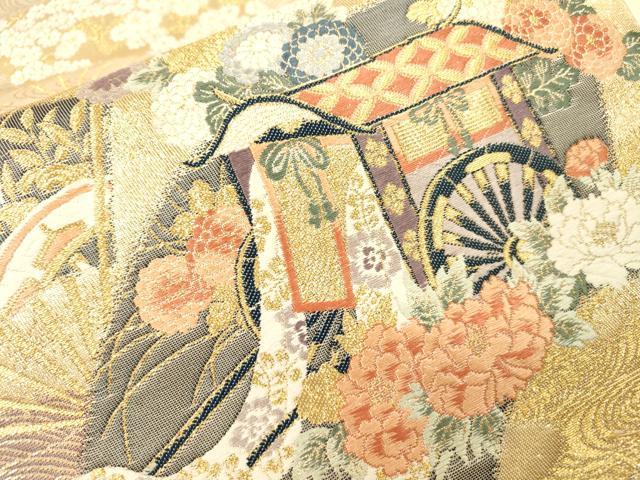 平和屋本店▼六通柄袋帯 唐織 九百錦 裂取扇面文 本金箔 正絹 逸品 DABI7826fe