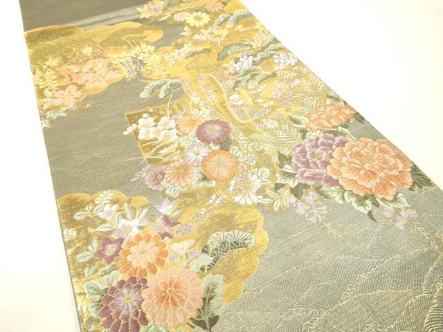 平和屋本店▼六通柄袋帯 唐織 草華花 純泥万葉 本金箔二重 正絹 逸品 DABI7828fe