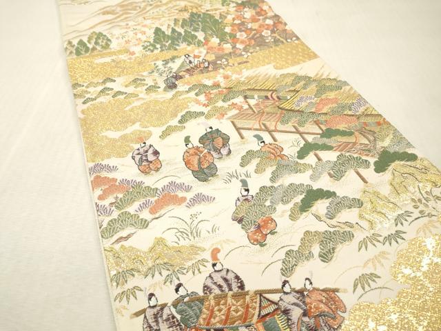 平和屋本店▼六通柄袋帯 唐織 人物風景 朱金錦 本金重ね 正絹 逸品 DABI7835fe